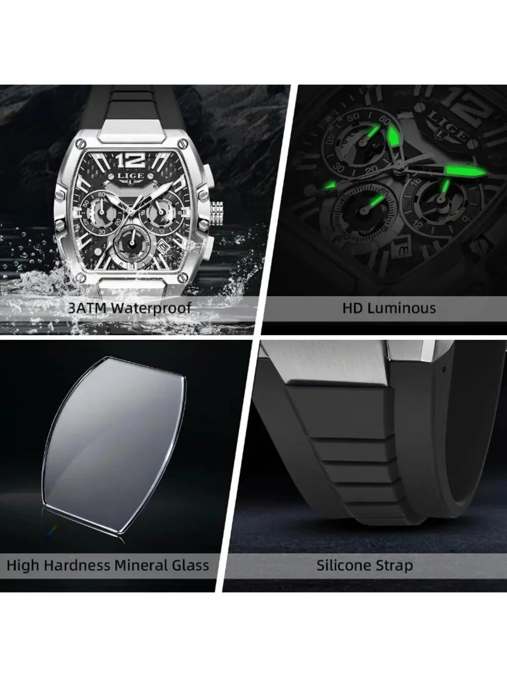 Men's Black and Silver Square Chronograph Stainless Steel Quartz Wrist Watch